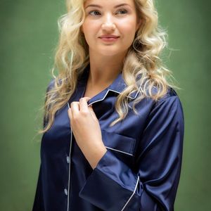 Pyjama satijn dames - donkerblauw, maat XS/S superzacht satijn, Uniek cadeau vrouw,