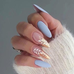 Allecto Plus - Set van 24 Franse kunstnagels met blauwe rand - valse nagels voor vrouwen - goudfolie en zilver glitter - nageldecoratie in golvenpatroon - inclusief lijm (A)