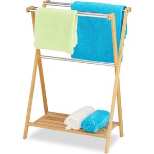 Handdoekrek staand 5 armen bamboe rvs badkamer handdoekhouder met plank HBD 87 x 58.5 x 36 cm natuurlijk houten design blanket ladder