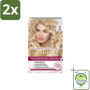 L'Oréal Excellence Crème Permanente Crèmekleuring 10 Extra Lichtblond - Voordeelverpakking - 2 stuks - Haarverf - Grijsdekking