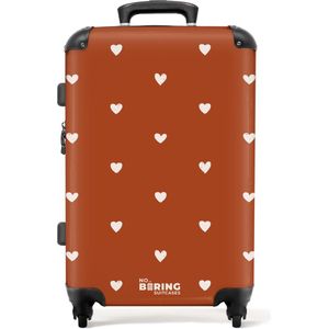 NoBoringSuitcases.com® - Kinderkoffer meisje - Kindertrolley meisjes - Wit hartjespatroon op oranje bruine achtergrond - Koffer kind groot - Rolkoffer lichtgewicht - Reiskoffer met 4 wielen - Grote trolley XL - 20 kg bagage