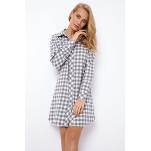 Dames nachthemd Stacy-geruit-lange mouw-klassieke kraag-100% katoen-grijs/wit-maat M