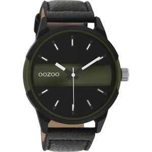 OOZOO Timpieces - Zwart/donker groene horloge met zwarte leren band - C11002