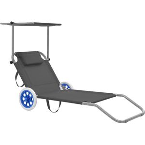 vidaXL Lounge Stoel - Ligbed - Ligbed met luifel en wieltjes inklapbaar staal grijs - Tuinset - Buitendrank - Relaxen