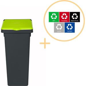 Plafor Fit Bin Prullenbak met Deksel voor Afvalscheiding - 75L – Zwart/Groen - Inclusief 5-delige Stickerset - Afvalbak voor gemakkelijk Afval Scheiden en Recycling - Afvalemmer - Vuilnisbak voor Huishouden, Keuken en Kantoor - Afvalbakken - Recyclen