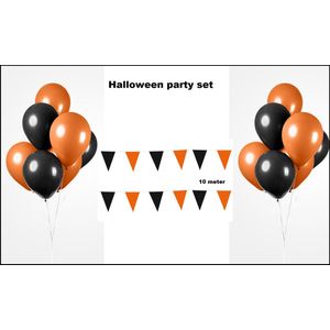 Halloween party set- 2x vlaggenlijn oranje/zwart + 50x Luxe Ballonnen zwart/oranje 30cm - Halloween griezel party horror festival thema feest
