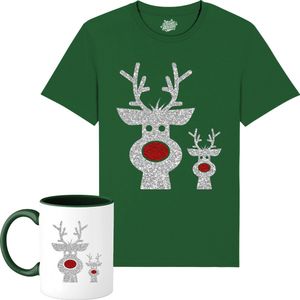 Rendier Buddies - Foute Kersttrui Kerstcadeau - Dames / Heren / Unisex Kleding - Grappige Kerst Outfit - Glitter Look - T-Shirt met mok - Unisex - Bottle Groen - Maat 3XL