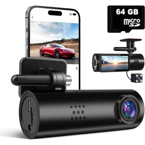 Tech Essentials - Dual Dashcam B100 - Videorecorder - Incl. 64GB Micro SD-kaart - Voor en Achter Auto