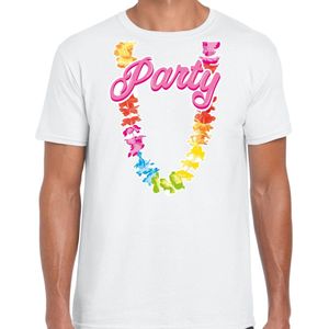 Toppers - Bellatio Decorations Tropical party T-shirt voor heren - bloemenkrans - wit - carnaval/themafeest XXL