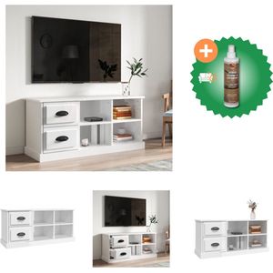 vidaXL Tv-meubel 102x35-5x47-5 cm bewerkt hout hoogglans wit - Kast - Inclusief Houtreiniger en verfrisser