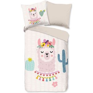 Beddengoed lama-alpaca motief 135x200 kinderen lama beddengoed meisjes katoen tieners tieners rits lama's beige omkeerbaar kinderbeddengoed set