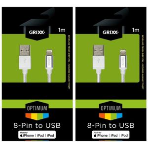2x1 meter - iPhone/ iPad/ Airpods/ iPod  Lightning ‑ USB kabel -  Grixx duo-pack - Wit - Heavy duty nylon mantel
