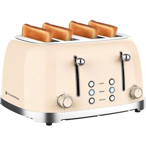 KitchenBrothers Retro Broodrooster - 6 Warmteniveaus - 4 Extra Brede Sleuven - 1630W - Reheat en Ontdooi-functie - Beige