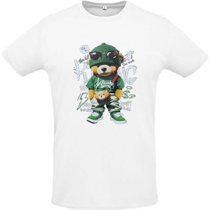 T-shirt polyester maat 10/12 jarige wit met Bruine beer in groene kleding nr 260