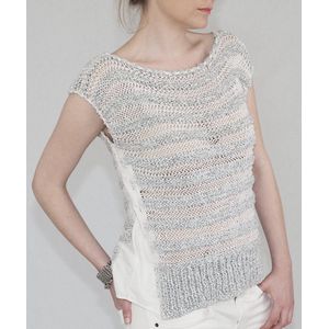 YELIZ YAKAR - Luxe  dames chique hand gebreid uitgaans top /shirt “Apriate” met een blouse detail - grijs en wit kleurenmix - katoen - maat 36-38 - designer kleding