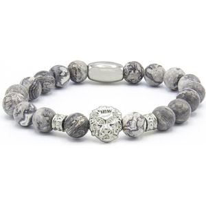 Victorious Natuursteen Armband – Armband Heren – Zilveren Leeuw – Grijs/Zwart – 17cm