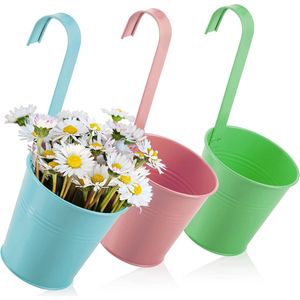 COM-FOUR® 3x hangende bloempotten voor balkon - hangpotten in felle kleuren voor planten en kruiden - plantenpotten met haken voor in de tuin [keuze varieert] (Metalen pot - veelkleurig)