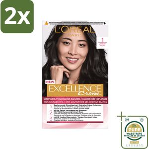 L'Oréal Excellence Crème Permanente Crèmekleuring 1 Zwart - Voordeelverpakking - 2 stuks - Grijsdekking - L'Oréal Paris