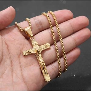 Gouden kruishalsketting met Jezus Christus crucifix - roestvrij staal religieuze sieraden