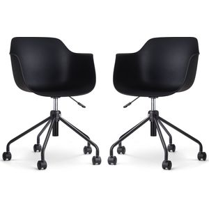 Nolon Nout-Puk Bureaustoelen Set van 2 Zwart - met Armleuning - Kunststof Zitting - Verstelbaar - Wieltjes - Zwart Onderstel