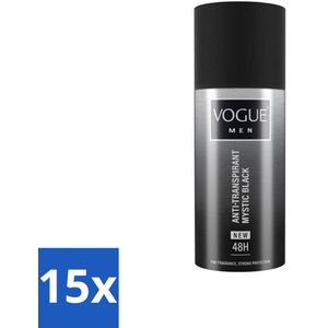 15 x Vogue Men - Mystic Black - Deodorant Spray - Anti-transpirant - 150 ml - 48 Uur Bescherming - Patchouli - Sandelhout - Hout - Frisheid