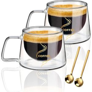 Latte macchiato glazen set van 2 x 200 ml + 2 x lepels, dubbelwandig, espressokopjes, cappuccino kopjes, latte macchiato, ijskoffie, koffieglazen, cappuccinoglazen