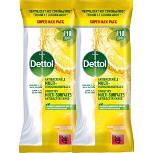 Dettol Lingettes Antibactériennes Multi-surfaces Éclat de Citron - 110 - 2 Stuks - Voordeelverpakking
