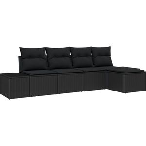 vidaXL - 5-delige - Tuin - Sofa - Set - met - Kussens - Zwart - Poly - Rattan
