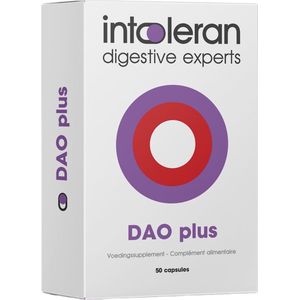 Intoleran DAO Plus Spijsverteringsenzymen - 50 capsules | Voedingssupplement bij DAO-gebrek | 30.000 HDU Enzym Diamine Oxidase (DAO) | Vitamine C & Quercetine | Maagzuur resistente coating