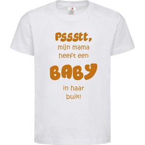 Shirt Aankondiging zwangerschap Pssstt, Mama heeft een baby in haar buik! | korte mouw | wit/tan | maat 110/116 zwangerschap aankondiging bekendmaking Baby big sis bro sister brother Grote Zus Broer