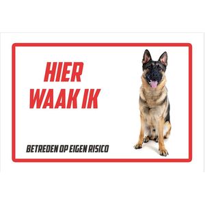 Waakbord/ bord | ""Hier waak ik"" | 30 x 20 cm | Duitse Herder | Dikte: 1 mm | Herdershond | Gevaarlijke hond | Waakhond | Hond | Betreden op eigen risico | Polystyreen | Rechthoek | Witte achtergrond | 1 stuk