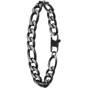 Lucardi Heren Stalen blackplated armband met figaro schakels - Armband - Staal - Zwart - 20 cm