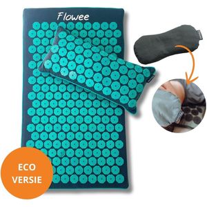 Flowee RELAXSET - Spijkermat ECO, spijkerkussen & Oogkussen - Grijs met zeegroen - Vulling Kokosvezels & Boekweitkaf & Lavendel (77x45+22x44cm) - Acupressuur Mat - Spijkerbed - Acupunctuur - Shakti Massage