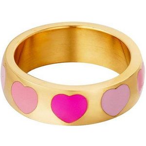 Stainless steel - ring- with hearts - Pink-Roze- 17-Moederdag cadeautje - cadeau voor haar - mama