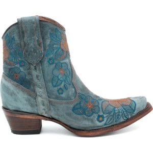 Circle G dames cowboy enkellaarzen in blauw leer met oranje en blauwe borduursels