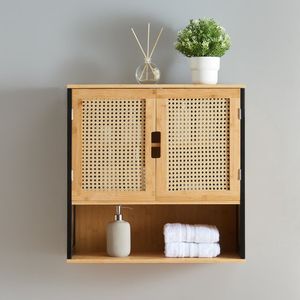 Badkamerkast Tervola zwevend 60x60x20 cm zwart naturel en rotan look [en.casa]