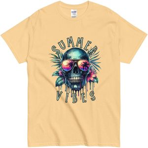 Zomers T-shirt met Schedel, Zonnebril en Palmbomen - Summer Vibes - Dames Heren - Geel - S