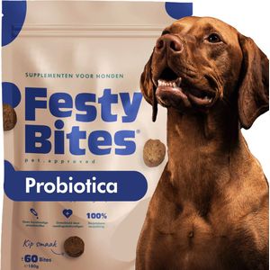 FestyBites® Probiotica Hond - Kipsmaak - 60 Hondensnoepjes voor Darmflora, Spijsvertering & Jeuk - Hondensnacks met 190 miljard Probiotica bacteriën - Brievenbuspakket - FAVV goedgekeurd