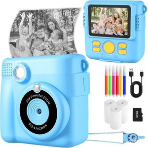 digitale camera - fotocamera - fotocamera kinderen - instant fotocamera voor kinderen - 24 MP - 1080P HD - met 32 GB kaart, 3 rollen fotopapier en 6 gekleurde pennen - 2,4 inch instant camera voor kinderen - speelgoedcadeau voor kinderen - blauw