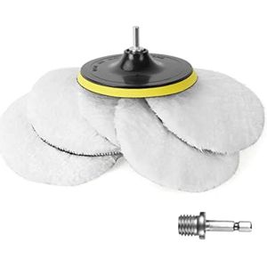 PolkaHome Wool Polijstset, 5-delige 150mm Polijstschijven met 2 Boorstangconnectoren (Rond en Zeshoekig) en 1 Zuignappen, Polijstset voor M14 Booradapter Auto Polijstmachine