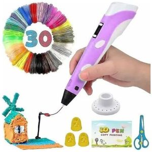 Slimme 3D-pen met LED-display, 3D-printpen met USB-oplaadfunctie, 30 kleuren filamentnavullingen (paars)