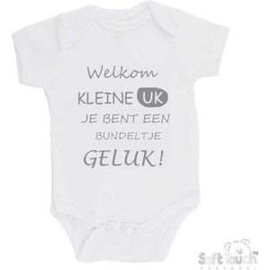 100% katoenen Romper ""Welkom kleine uk, je bent een bundeltje geluk"" Unisex Katoen Wit/grijs Maat 62/68