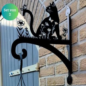 Janse® Plantenhaken XL poezen set van 2 - Metalen plantenhaken katten zwart - Bloempot haak - Tuininrichting - Plantenhanger - Lantaarn haken - Tuin accessoires - Poezen design