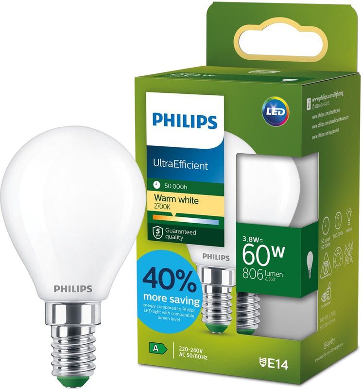 Philips UltraEfficient LED lamp - 60W - E27 fitting - Warmwit licht: 2700K - Mat glas - P45 kogellamp - Lange levensduur