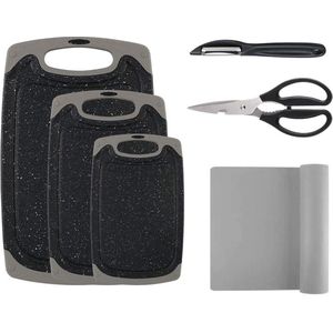 3-Delige Kunststof Snijplankenset met Antislip mat, RVS Dunschiller en Multifunctionele Keukenschaar (zwart)
