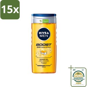 15 x Nivea - Men - Boost Douchegel - 24 Uur Lang Effect - 250 ml - Grootverpakking - Nivea Men Boost Douchegel - Cafeïne - 24 Uur Fris Effect - Douchegel - Lichaam