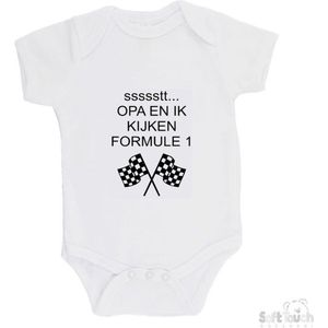 100% katoenen Romper ""ssssstt Opa en ik kijken Formule 1"" Unisex Katoen Wit/zwart Maat 62/68