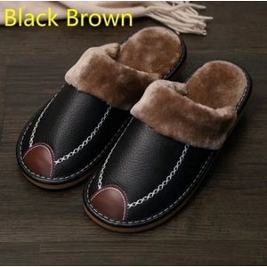 Mannen Slippers - Zwarte Winter PU Leren Slippers - Warme Waterdichte Handschoenen voor Binnen - Maat 44 - Comfortabele Antislip Slippers voor Thuis en Slaapkamer