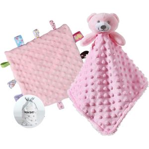 JGS Premium - Zachte pluche knuffeldeken voor jongens en meisjes | Dierengezicht | Verjaardagscadeau of babyshower | Roze beer met tag