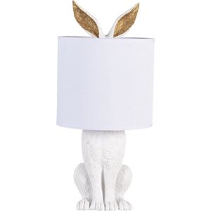 HAES DECO - Tafellamp - City Jungle - Konijn in de Lamp, formaat Ø 20x43 cm - Wit met Witte Lampenkap - Bureaulamp, Sfeerlamp, Nachtlampje